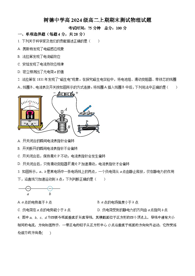 四川省成都市树德中学2025-2026学年高二上学期期末考试物理试题（原卷版）第1页