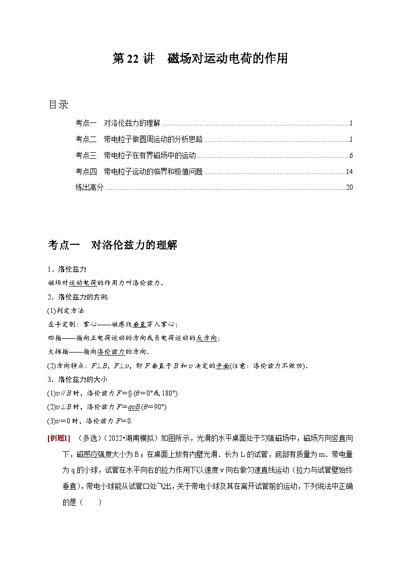 高考物理一轮考点复习精讲精练第22讲　磁场对运动电荷的作用（解析版）第1页