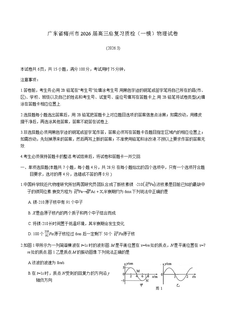 广东省梅州市2026届高三下学期一模物理试题（含答案）含答案解析第1页