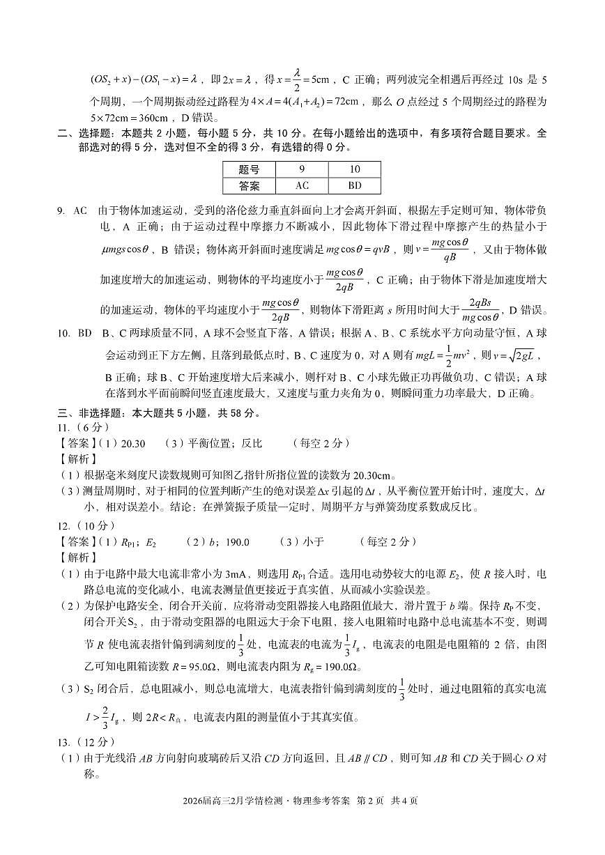 安徽省·A10联盟2026届高三下学期2月学情检测 物理答案第2页