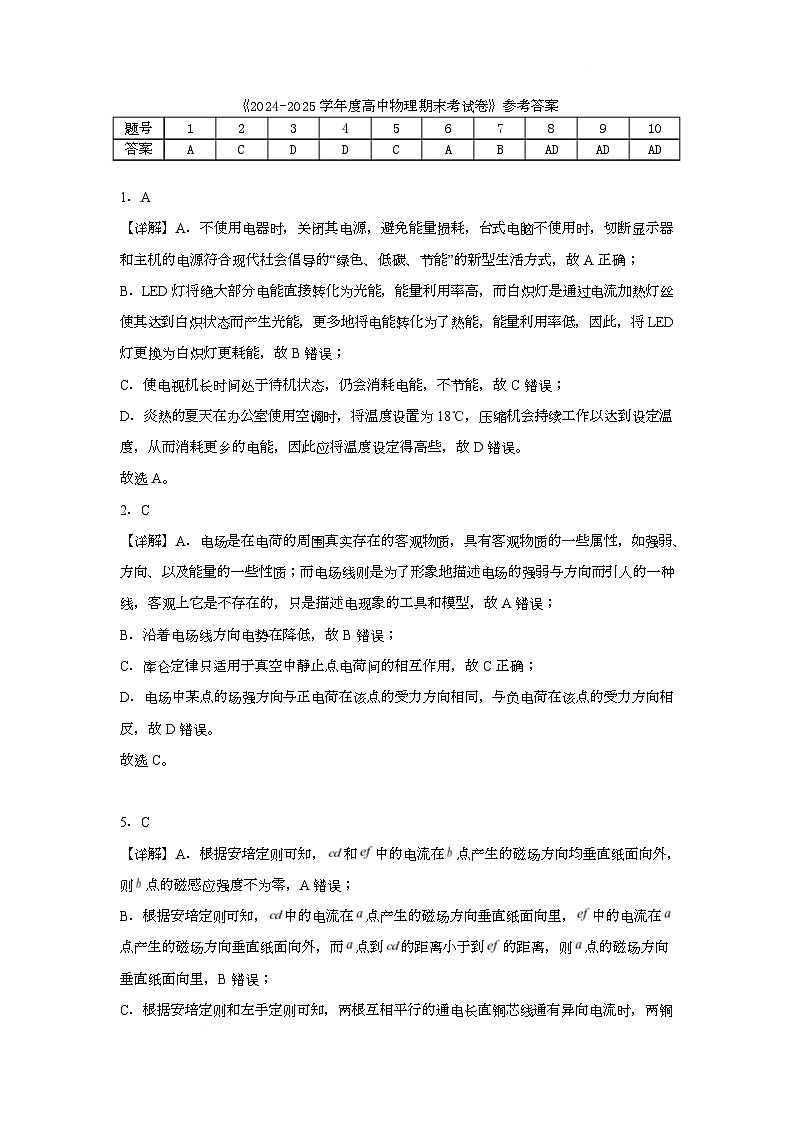 四川省内江市第六中学2025 学年下期高二入学考试物理试题（含答案） 入学考试答案第1页