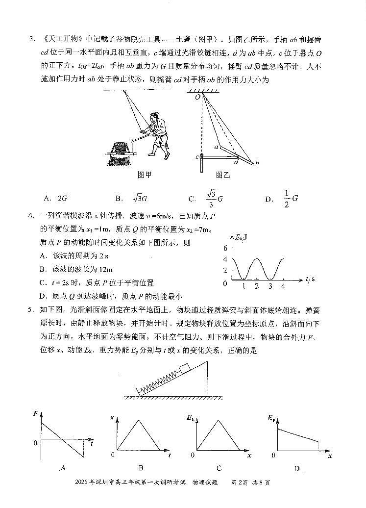 物理-广东省深圳市2026届高三年级第一次调研考试（深圳一模）试卷及答案第2页