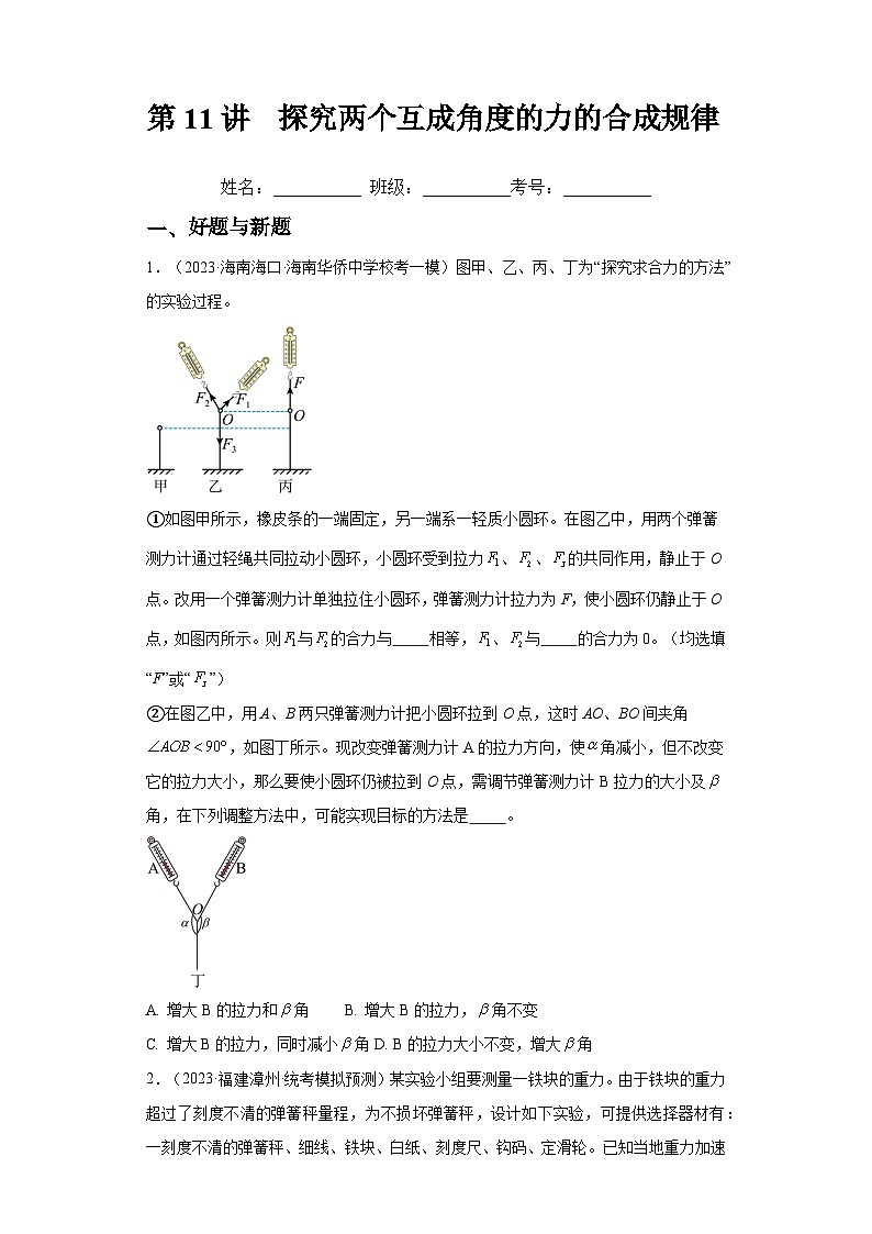高考物理一轮复习考点巩固练习第11讲 探究两个互成角度的力的合成规律（原卷版）第1页