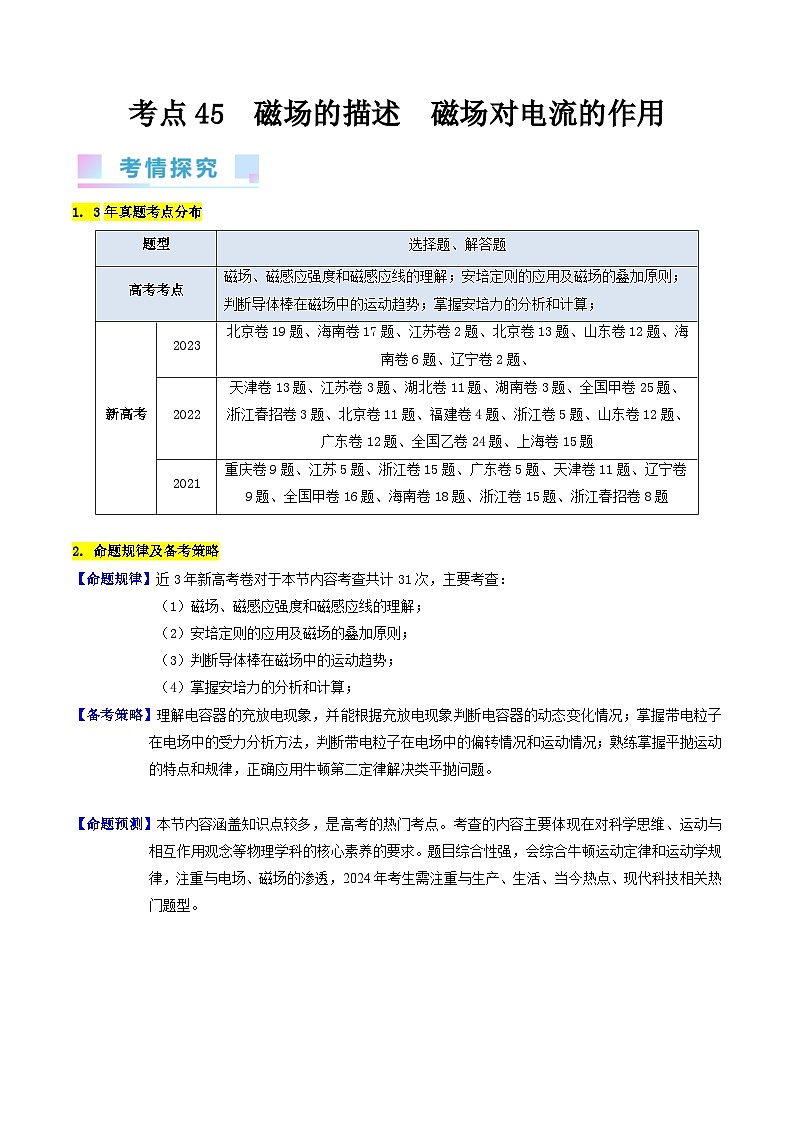 高考物理一轮复习考点精讲精练考点45  磁场的描述  磁场对电流的作用（原卷版）第1页