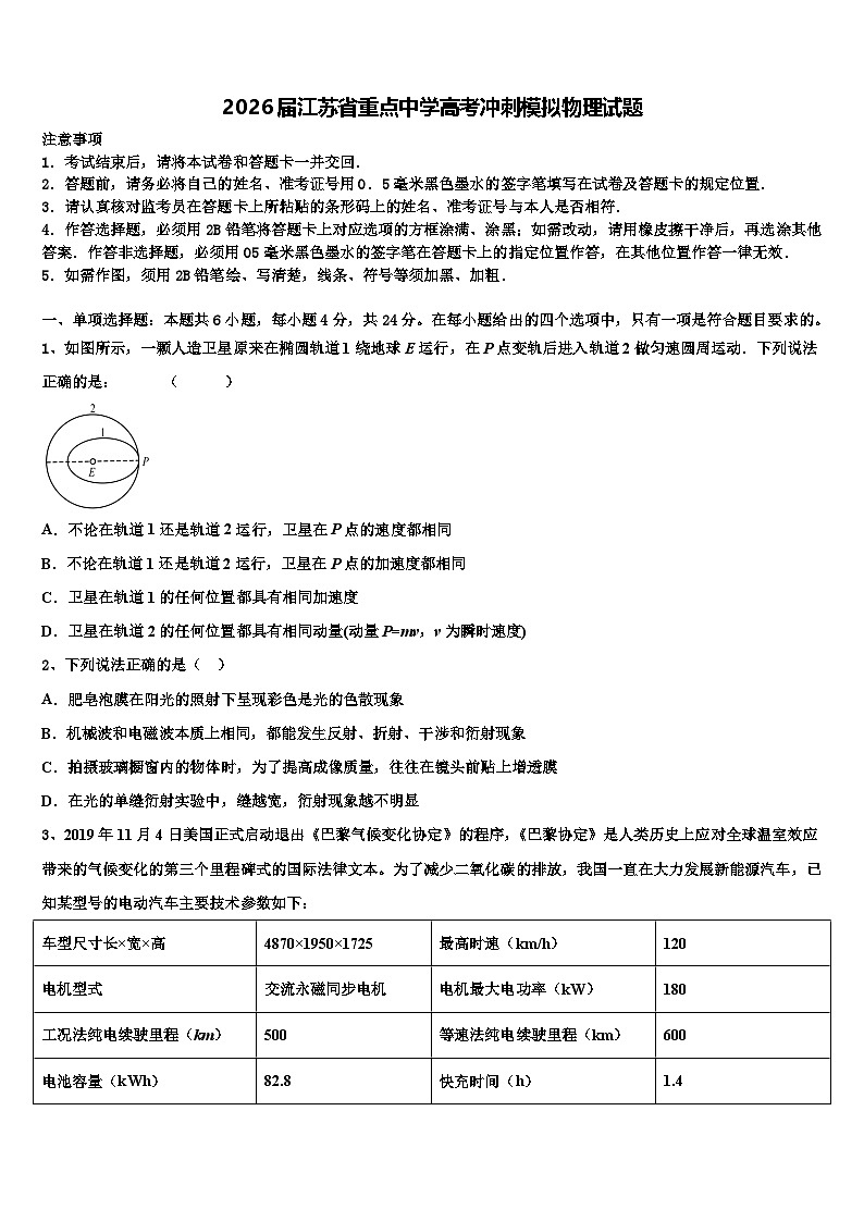 2026届江苏省重点中学高考冲刺模拟物理试题含解析第1页