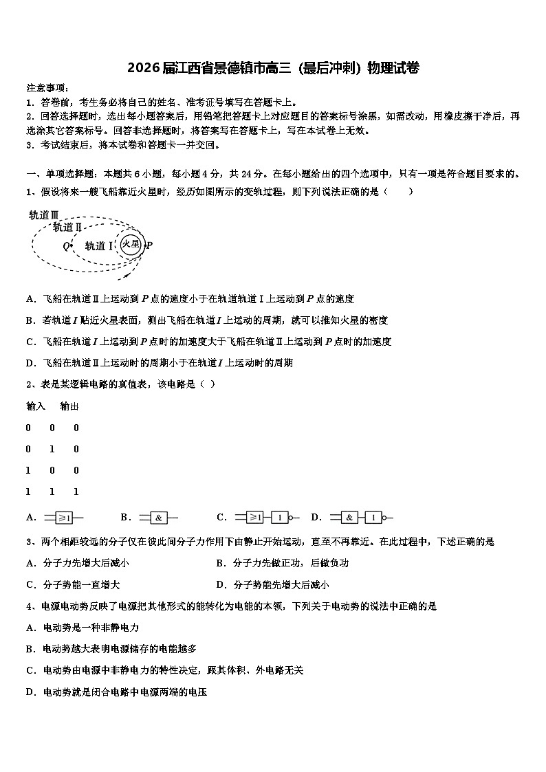 2026届江西省景德镇市高三（最后冲刺）物理试卷含解析第1页