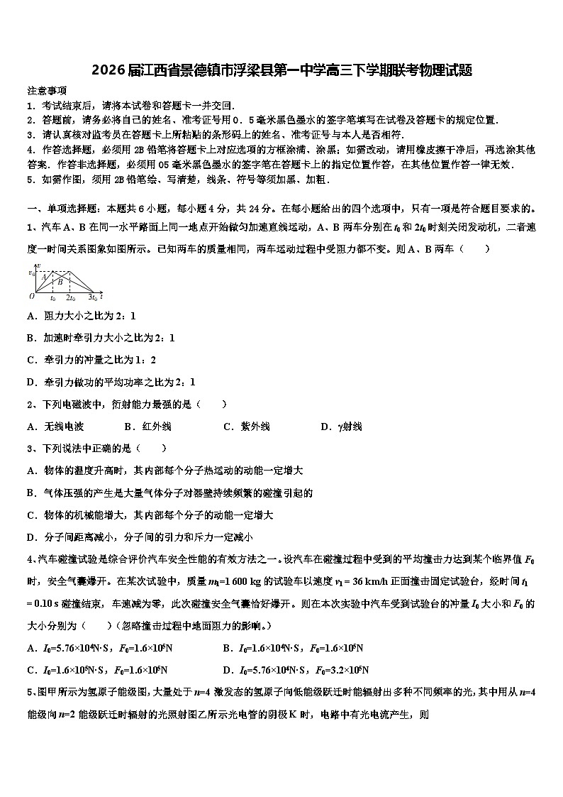 2026届江西省景德镇市浮梁县第一中学高三下学期联考物理试题含解析第1页