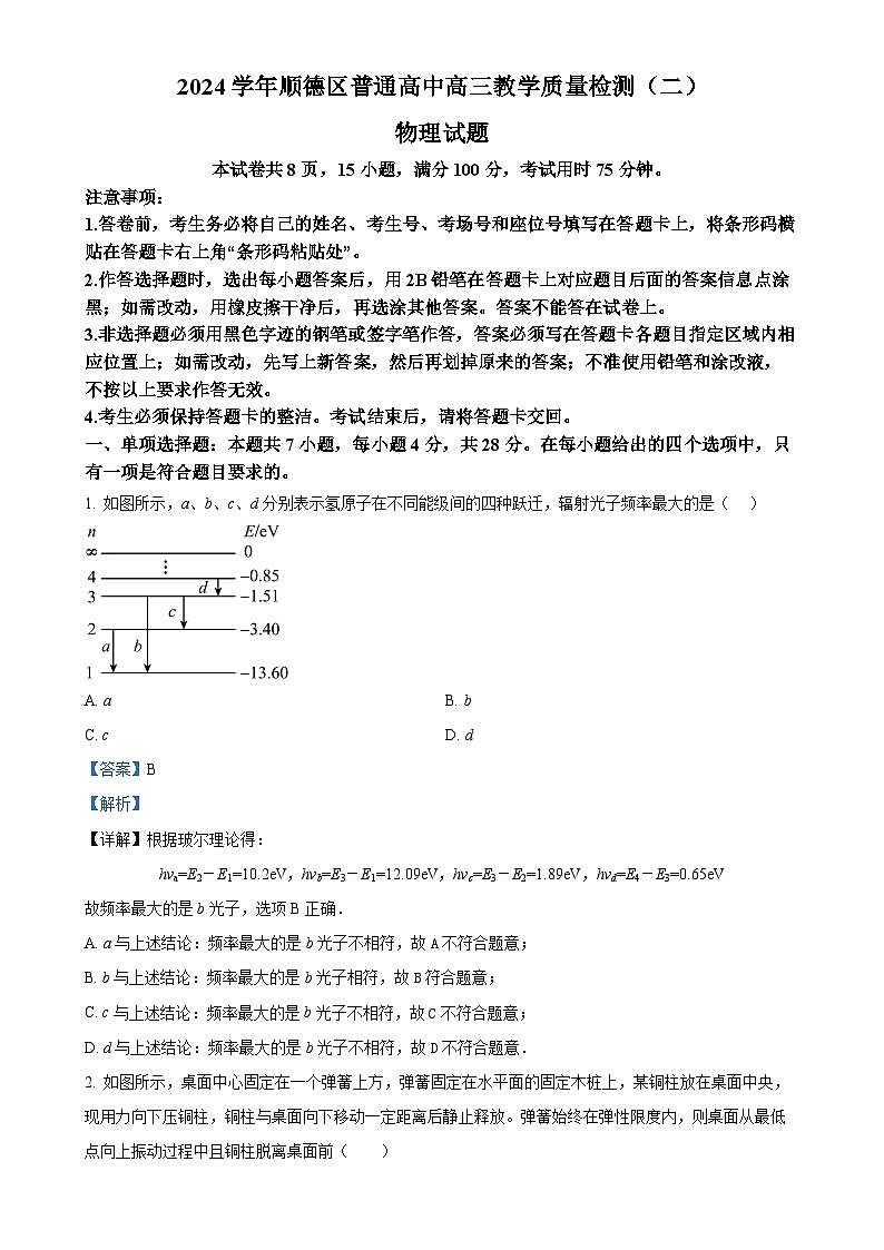 2025届广东省佛山市顺德区高三下学期2月教学质量检测（二模）物理试题（解析版）-A4第1页