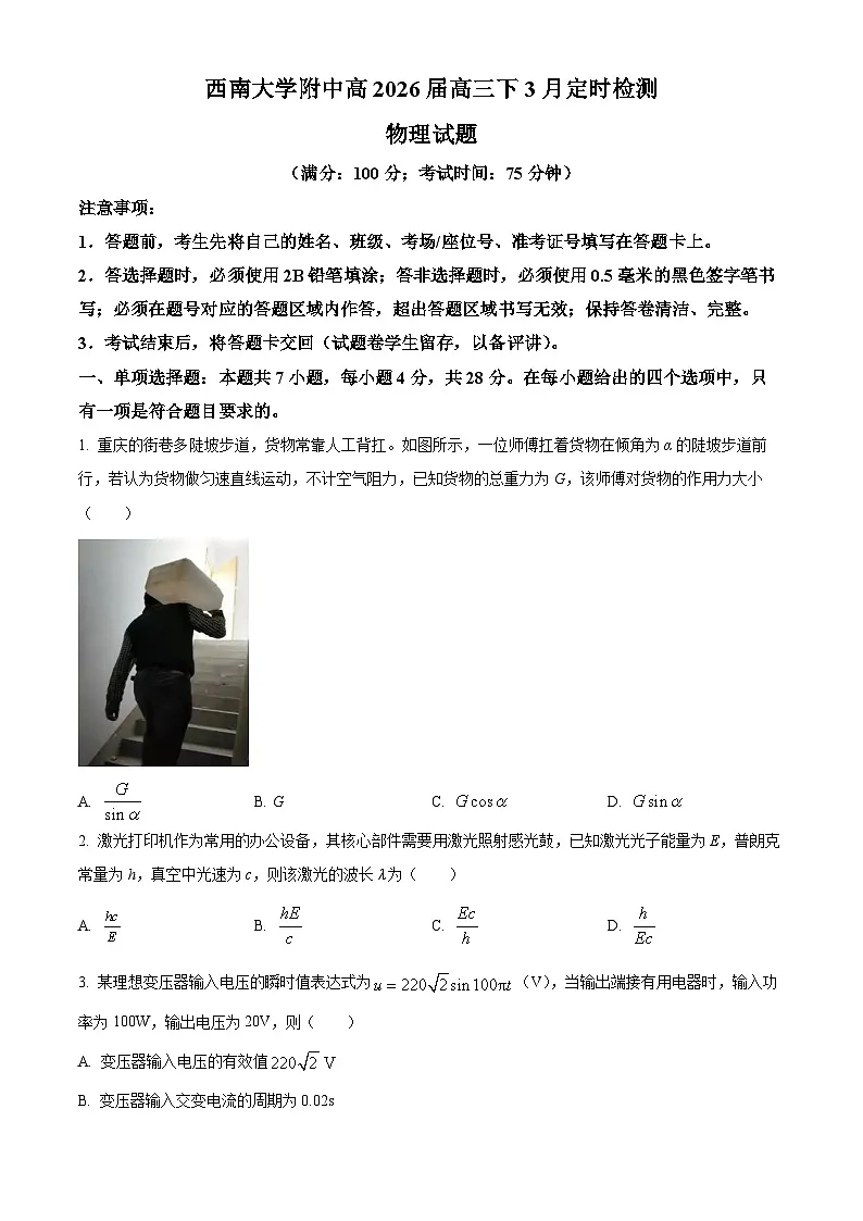 重庆市西南大学附属中学2026届高三下学期3月定时检测物理试题　（原卷版）第1页
