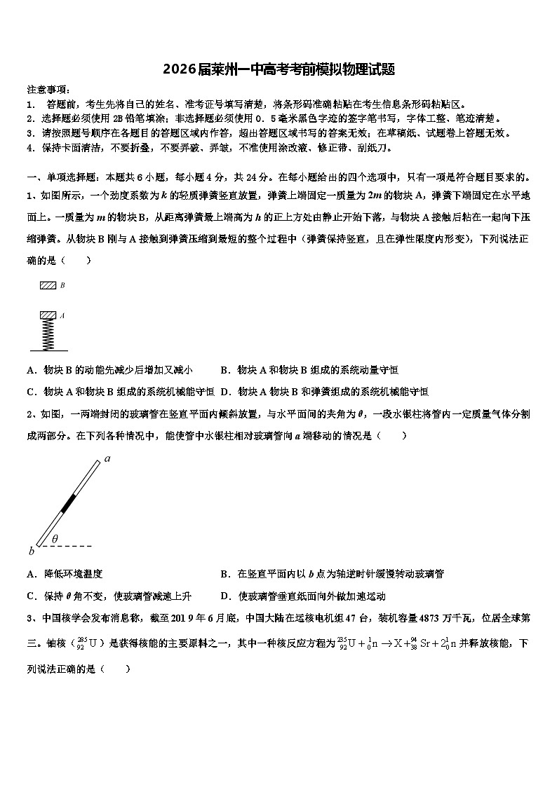 2026届莱州一中高考考前模拟物理试题含解析第1页