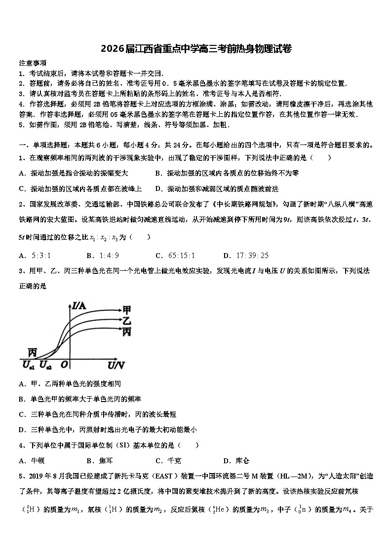 2026届江西省重点中学高三考前热身物理试卷含解析第1页