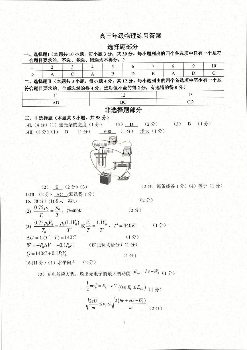 浙江省名校协作体G12联盟2026届高三下学期开学练习 物理答案第1页