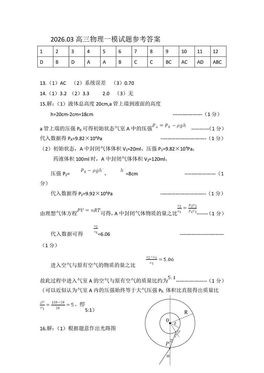 菏泽市2026年高三一模考试 物理答案第1页