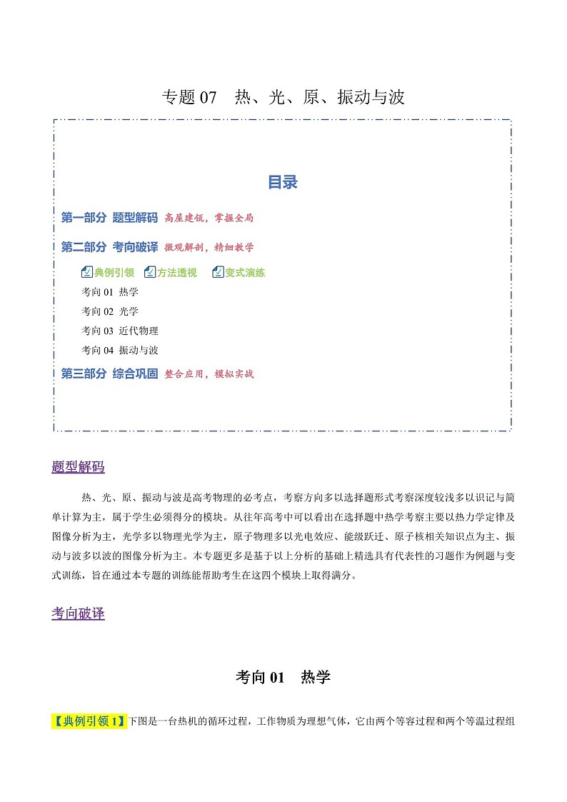 2026年高考物理二轮复习题型专练——热、光、原、振动与波（含答案）第1页