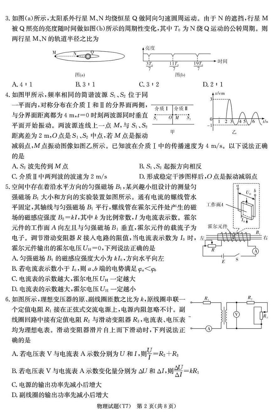 湖南师大附中2026届高三月考试卷（七）物理第2页