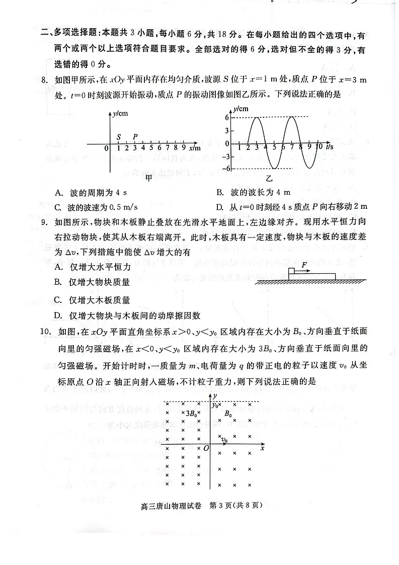 2026届河北唐山市高三下学期高考第一次模拟演练物理试卷第3页