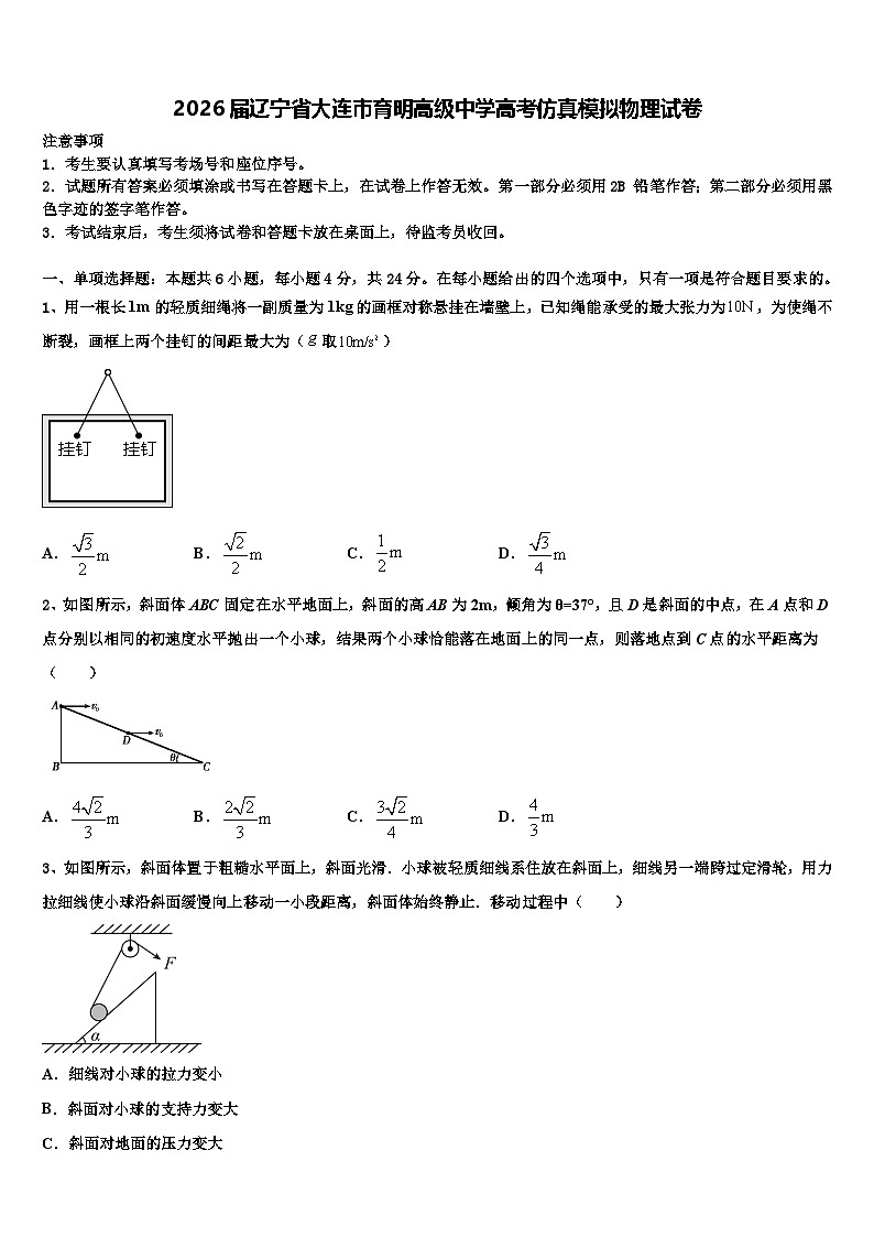 2026届辽宁省大连市育明高级中学高考仿真模拟物理试卷含解析第1页