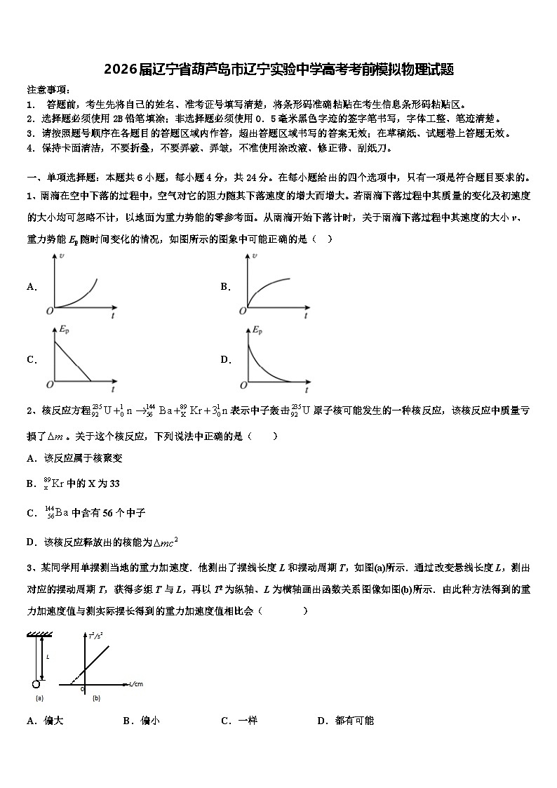 2026届辽宁省葫芦岛市辽宁实验中学高考考前模拟物理试题含解析第1页