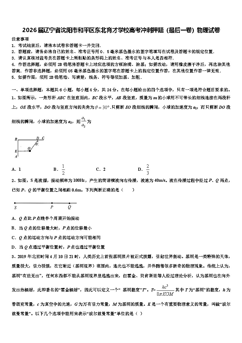 2026届辽宁省沈阳市和平区东北育才学校高考冲刺押题（最后一卷）物理试卷含解析第1页