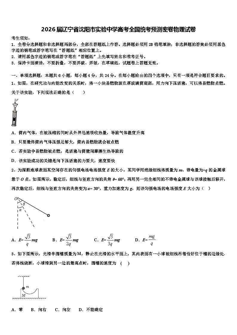 2026届辽宁省沈阳市实验中学高考全国统考预测密卷物理试卷含解析第1页