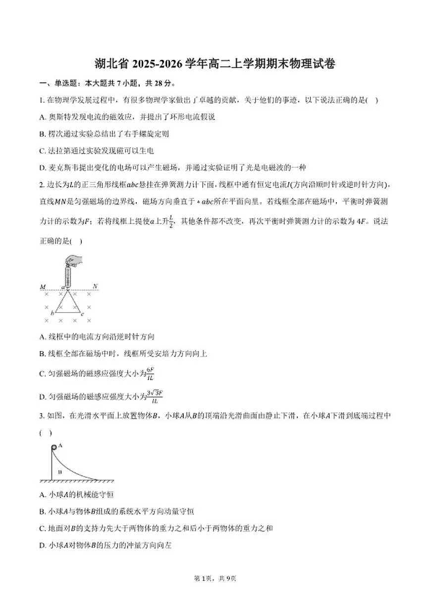 2025-2026学年湖北省高二上学期期末物理试卷（含答案）第1页