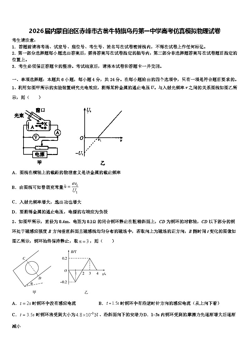 2026届内蒙自治区赤峰市古翁牛特旗乌丹第一中学高考仿真模拟物理试卷含解析第1页