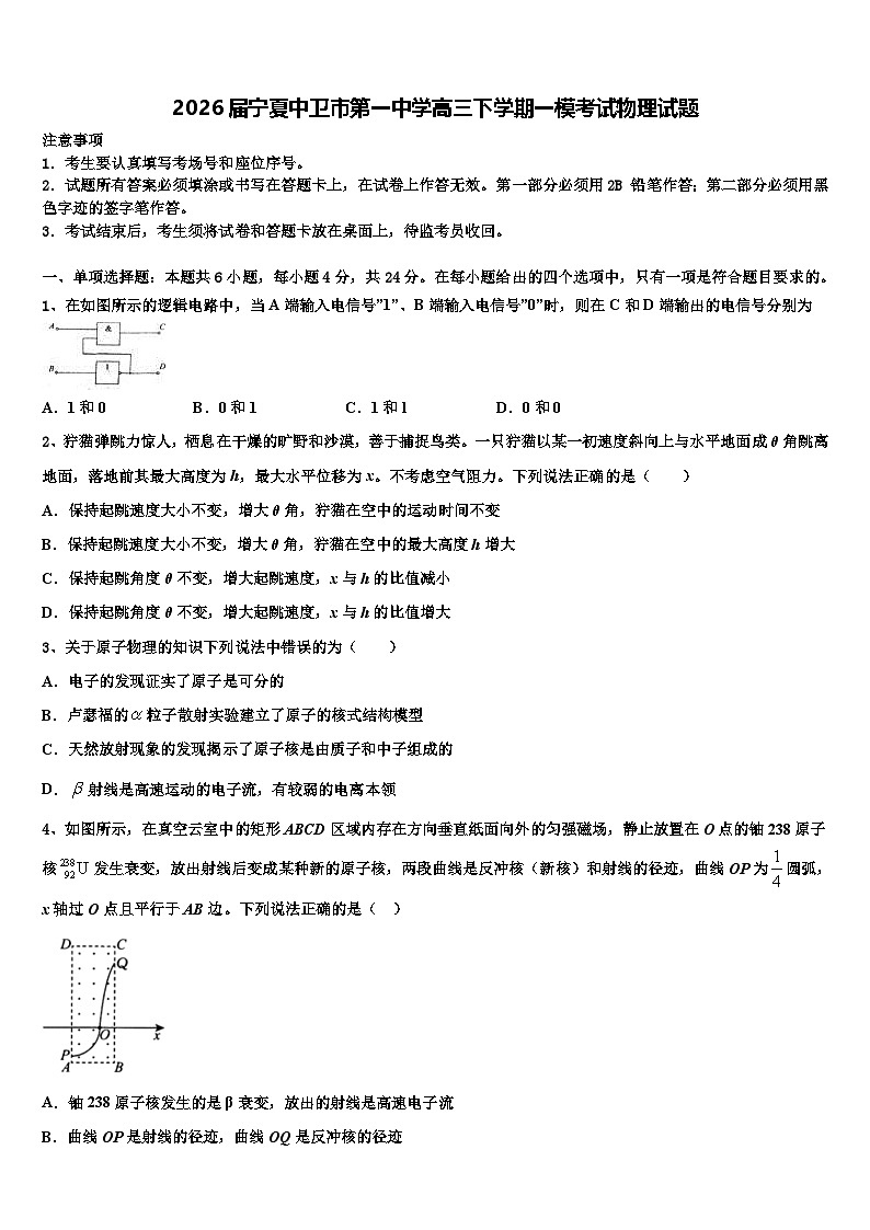 2026届宁夏中卫市第一中学高三下学期一模考试物理试题含解析第1页