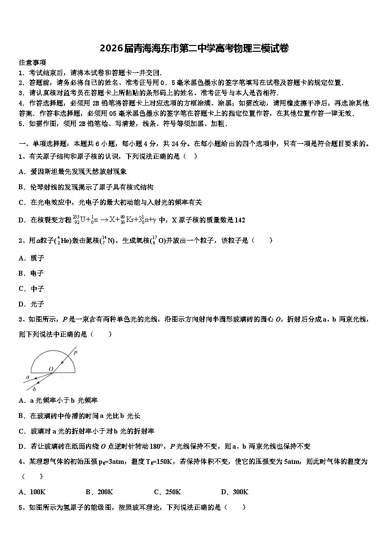 2026届青海海东市第二中学高考物理三模试卷含解析第1页