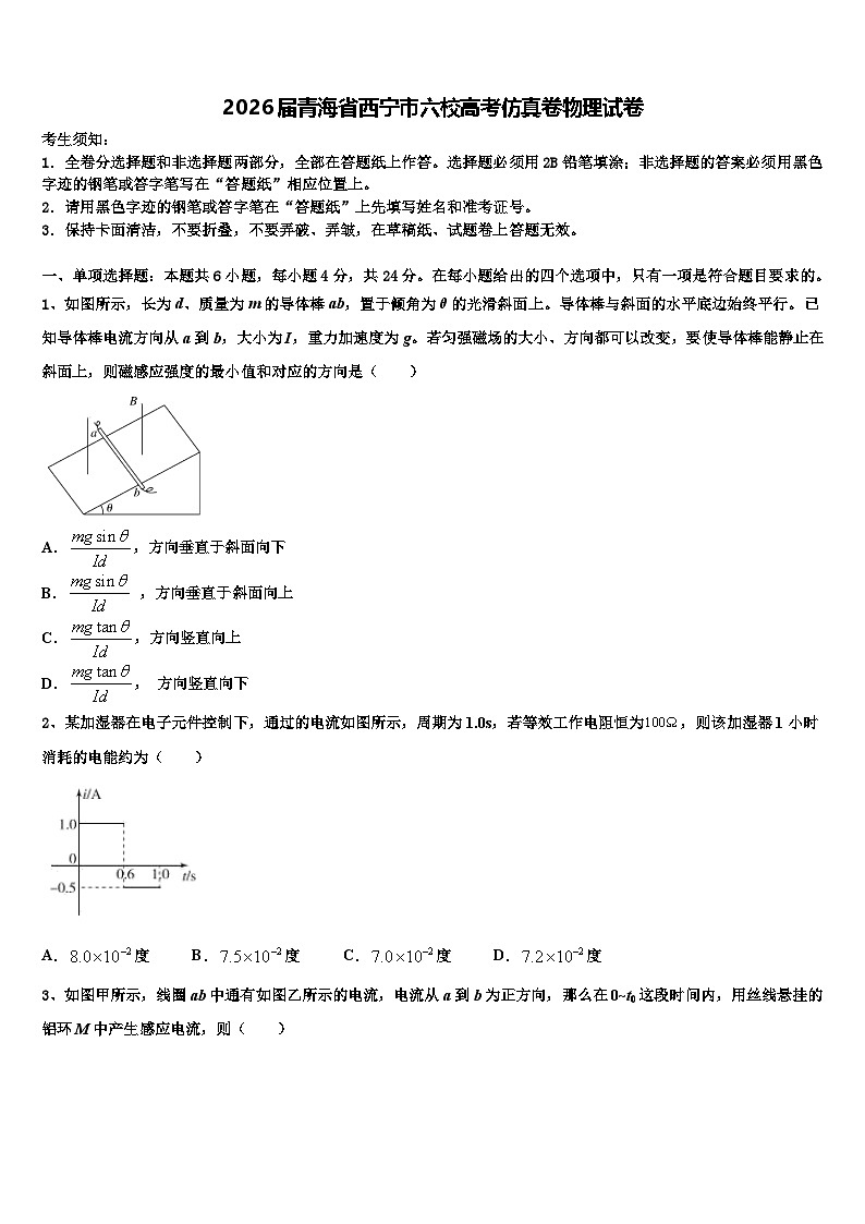 2026届青海省西宁市六校高考仿真卷物理试卷含解析第1页