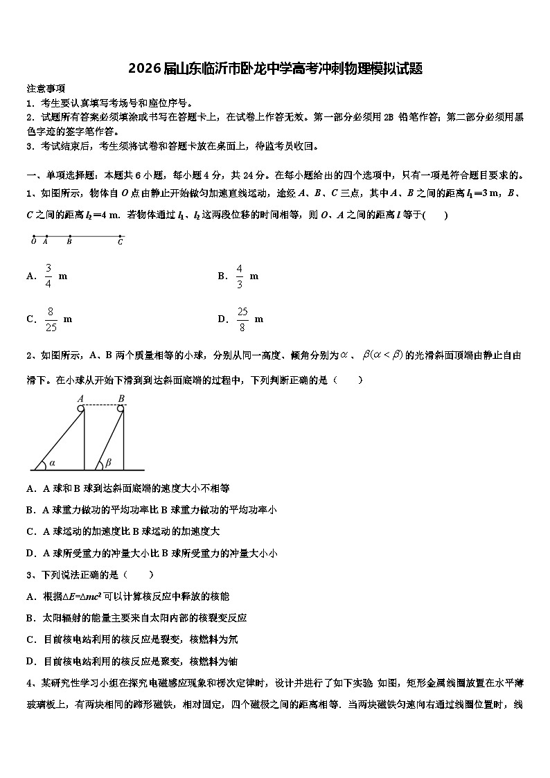 2026届山东临沂市卧龙中学高考冲刺物理模拟试题含解析第1页