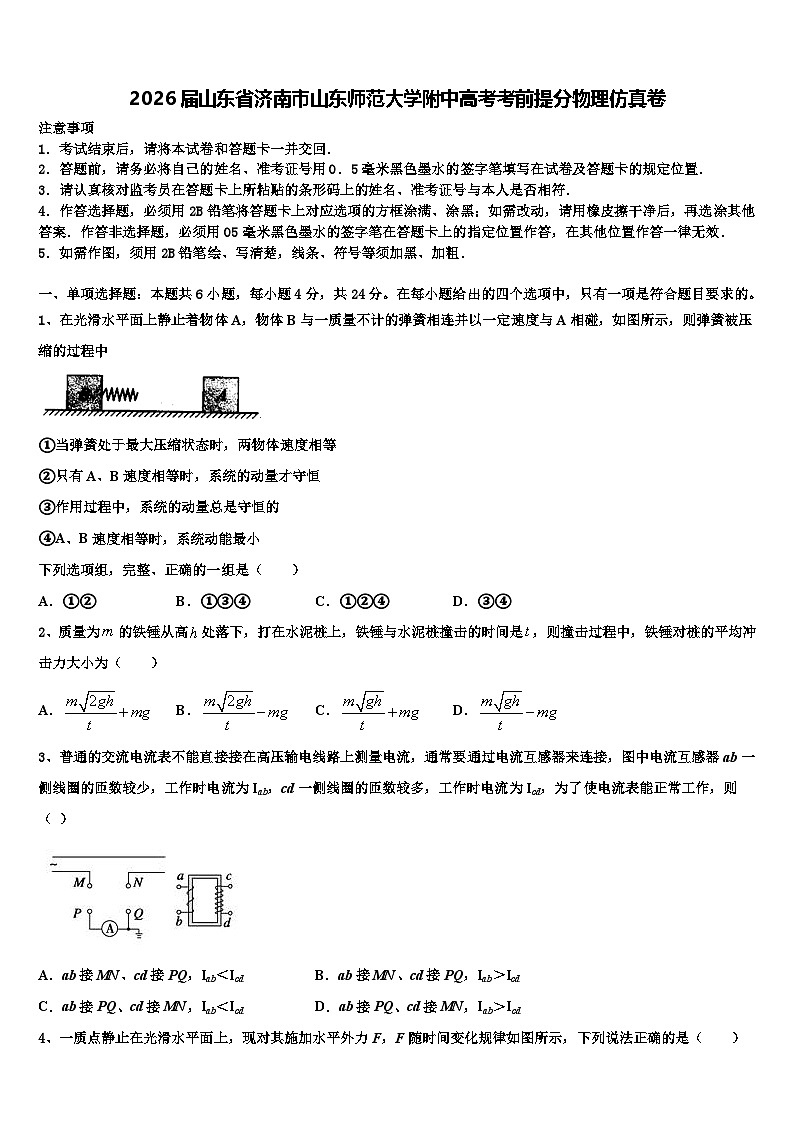2026届山东省济南市山东师范大学附中高考考前提分物理仿真卷含解析第1页