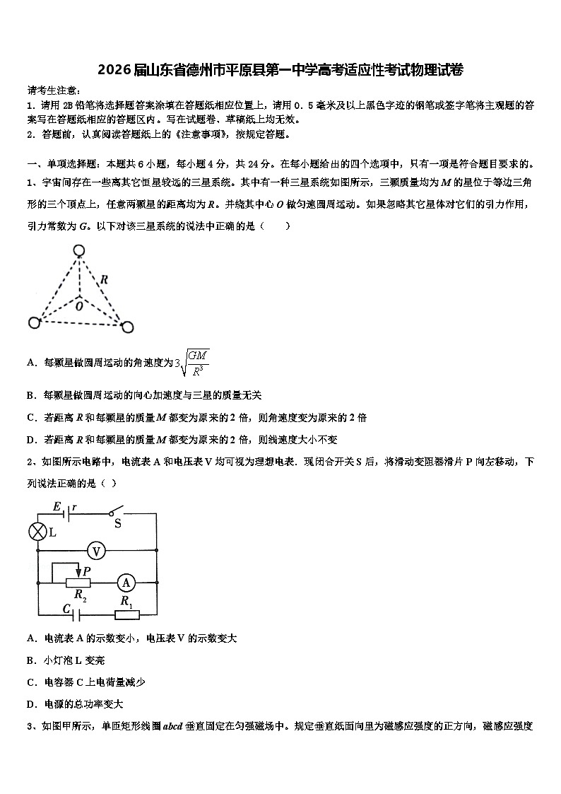 2026届山东省德州市平原县第一中学高考适应性考试物理试卷含解析第1页