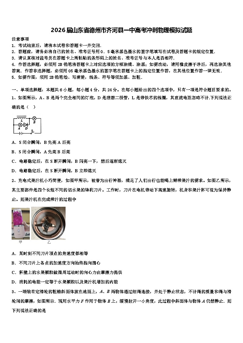 2026届山东省德州市齐河县一中高考冲刺物理模拟试题含解析第1页