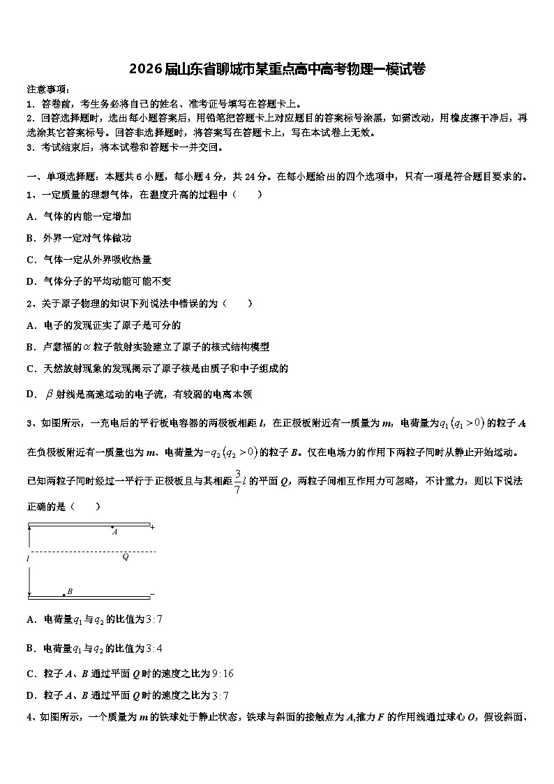 2026届山东省聊城市某重点高中高考物理一模试卷含解析第1页