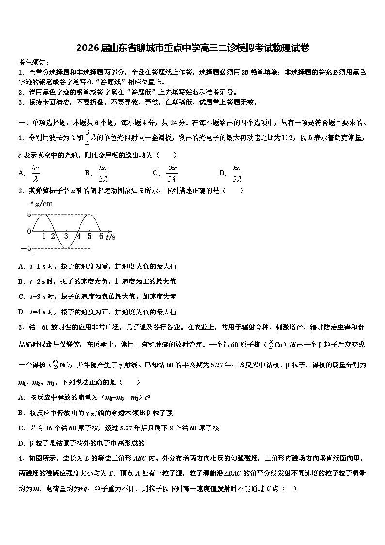2026届山东省聊城市重点中学高三二诊模拟考试物理试卷含解析第1页