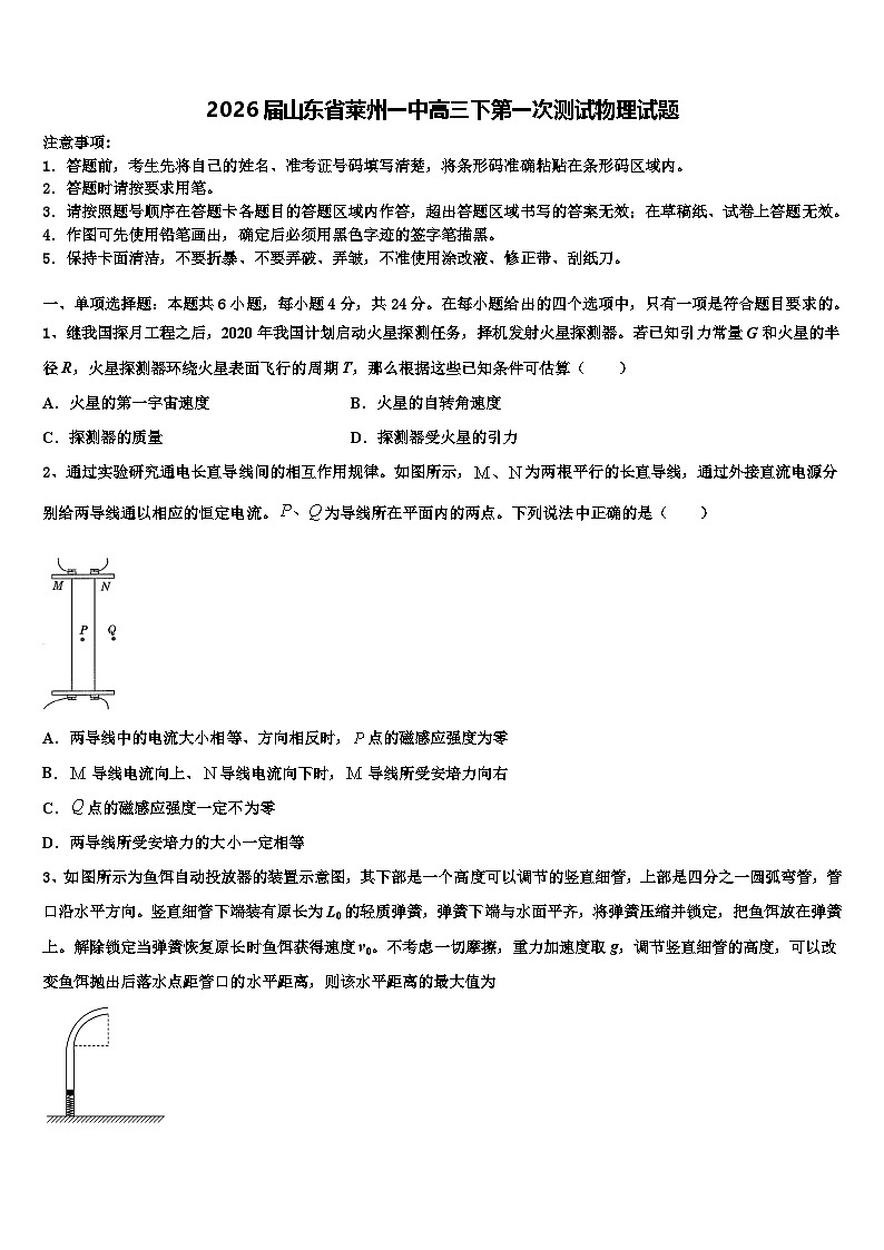 2026届山东省莱州一中高三下第一次测试物理试题含解析第1页