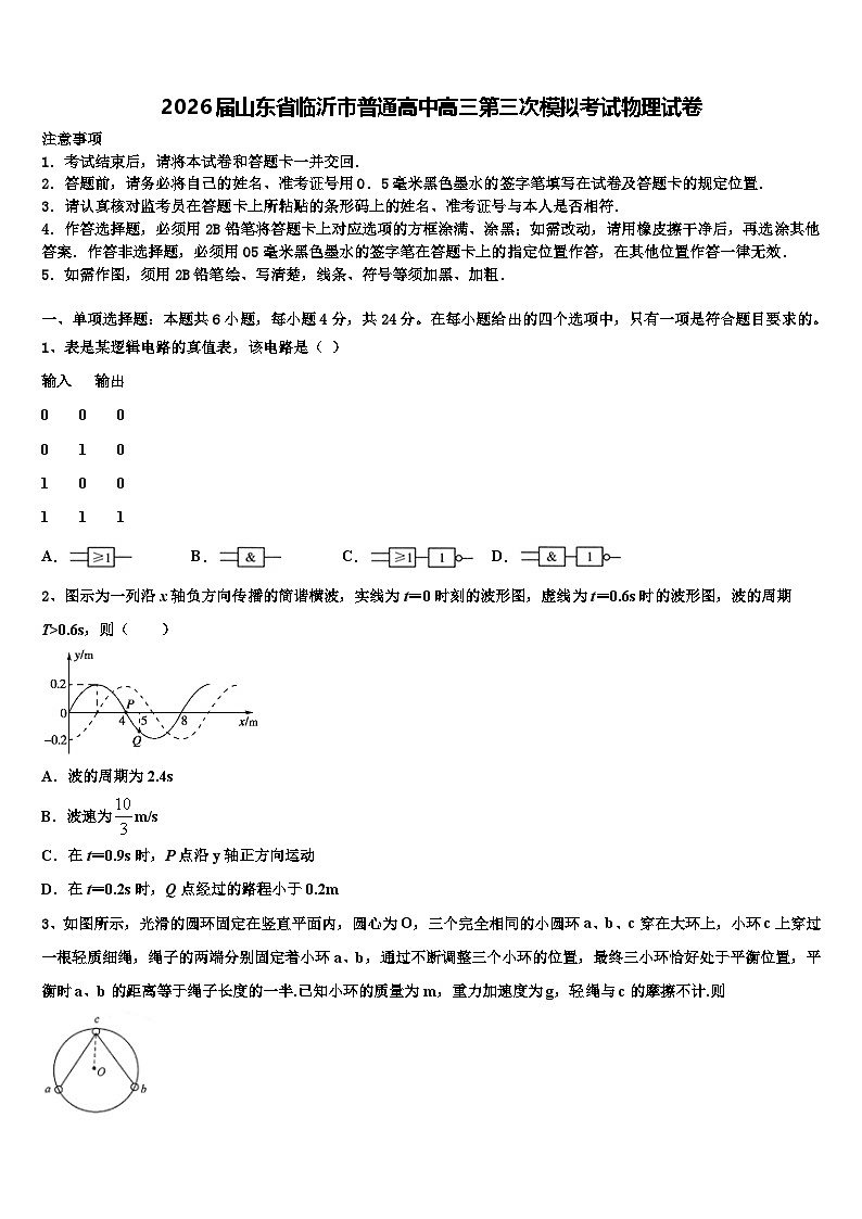 2026届山东省临沂市普通高中高三第三次模拟考试物理试卷含解析第1页