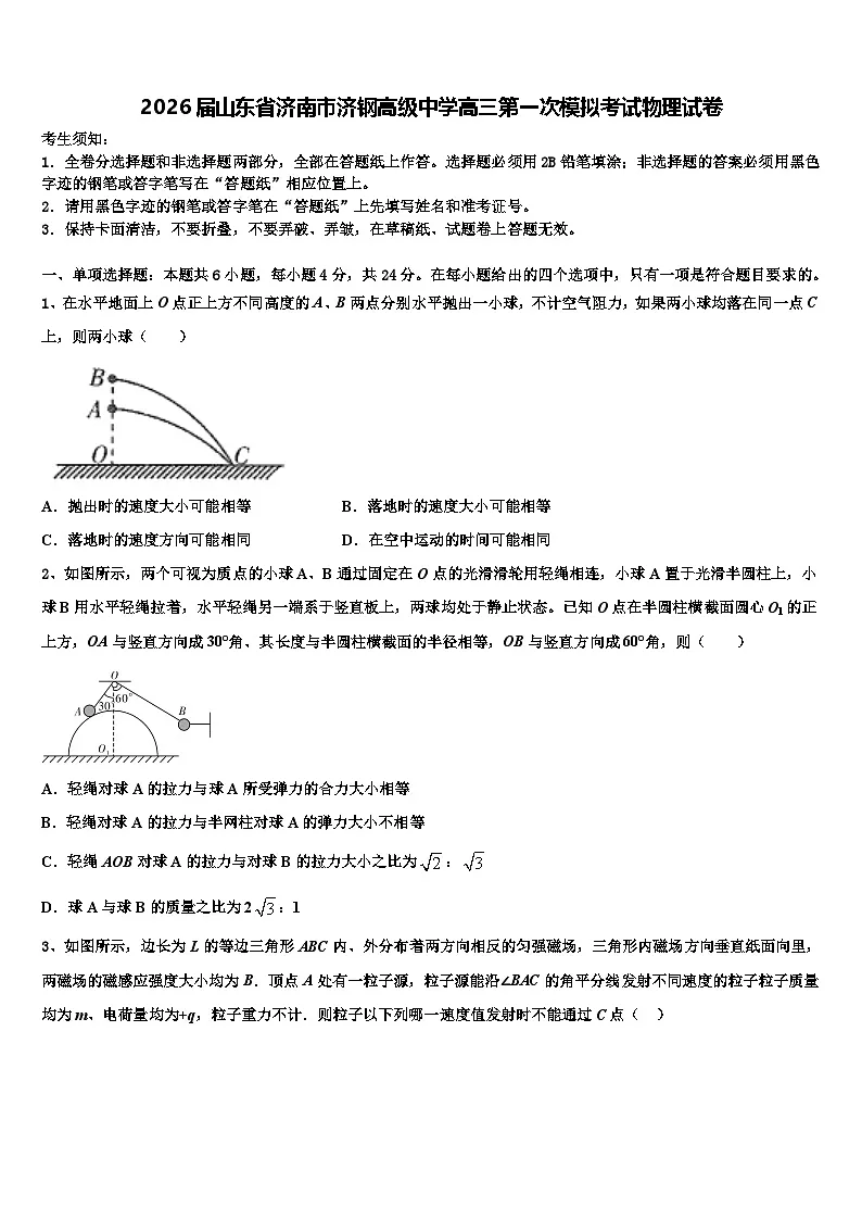 2026届山东省济南市济钢高级中学高三第一次模拟考试物理试卷含解析第1页