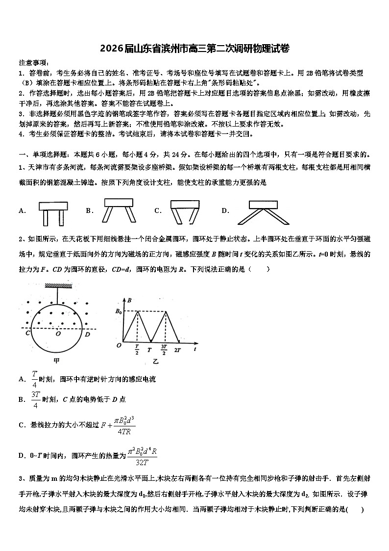 2026届山东省滨州市高三第二次调研物理试卷含解析第1页