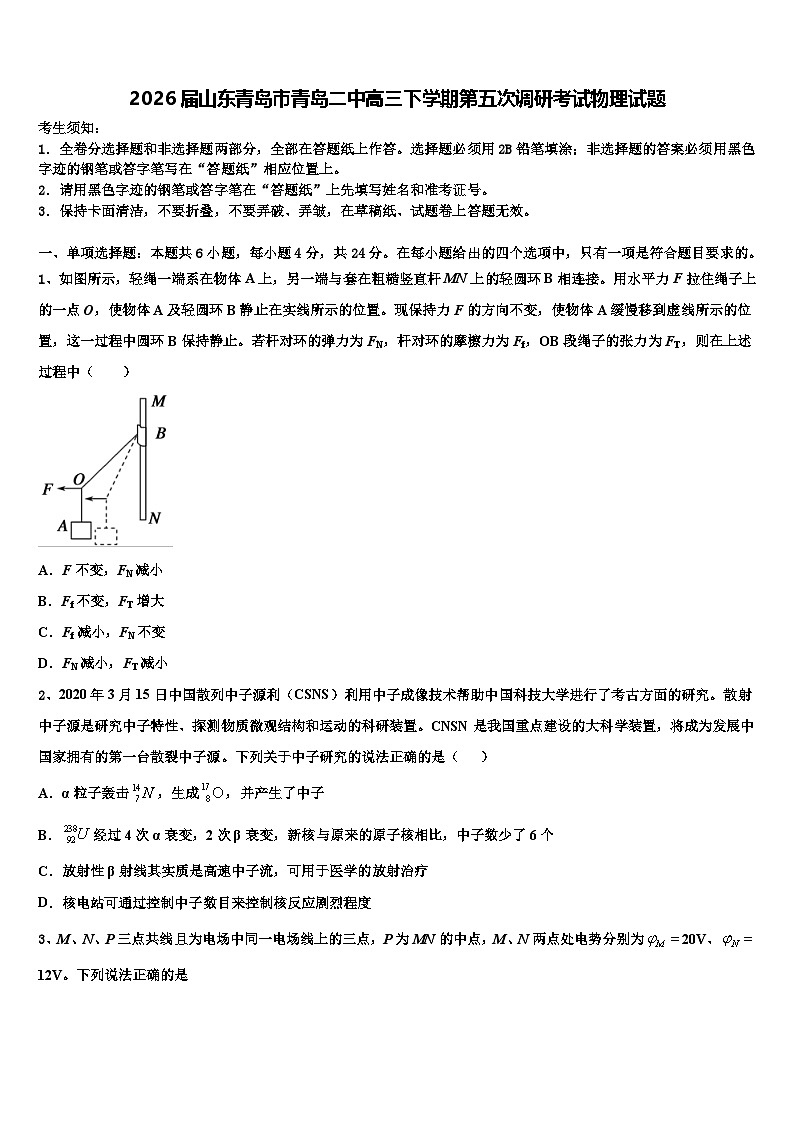 2026届山东青岛市青岛二中高三下学期第五次调研考试物理试题含解析第1页