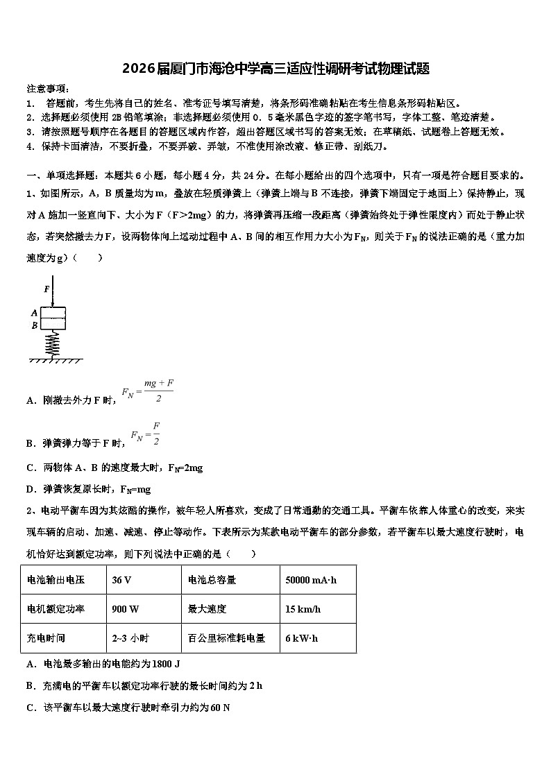 2026届厦门市海沧中学高三适应性调研考试物理试题含解析第1页