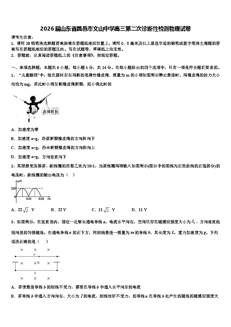 2026届山东省昌邑市文山中学高三第二次诊断性检测物理试卷含解析第1页