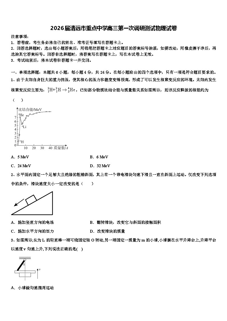 2026届清远市重点中学高三第一次调研测试物理试卷含解析第1页