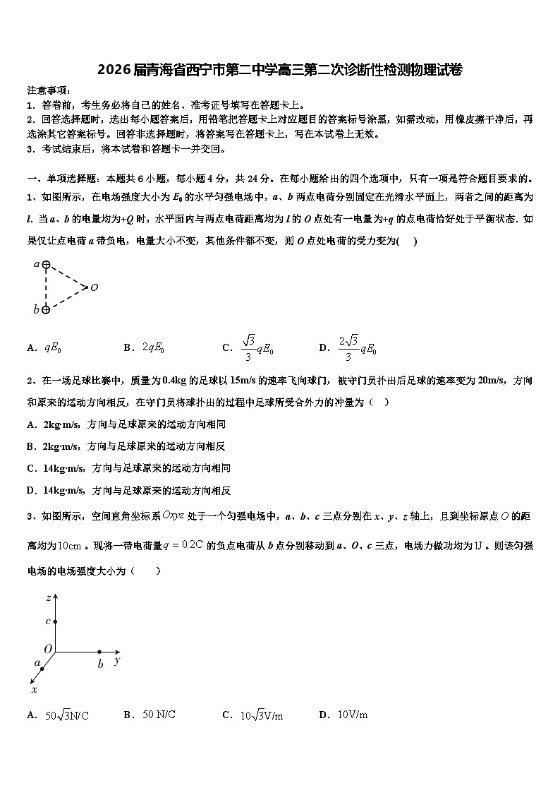 2026届青海省西宁市第二中学高三第二次诊断性检测物理试卷含解析第1页