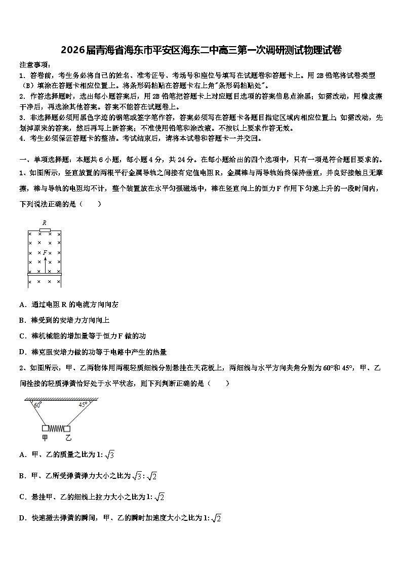 2026届青海省海东市平安区海东二中高三第一次调研测试物理试卷含解析第1页