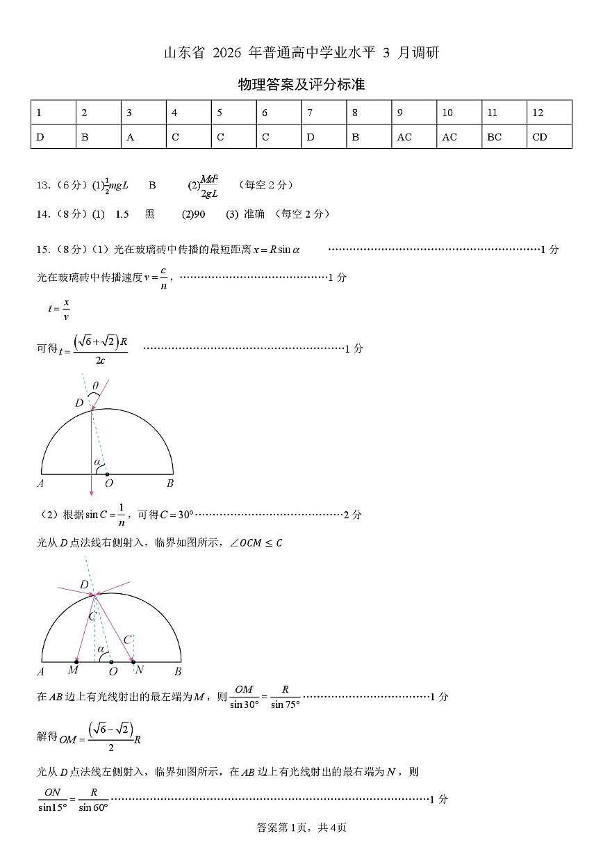 2026届山东普通高中学业水平3月调研物理答案第1页