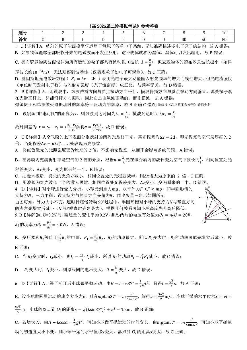成都市第七中学2025~2026学年度下期高2026届二诊模拟考试 物理答案第1页