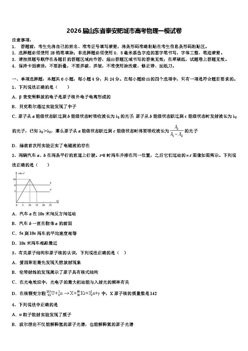 2026届山东省泰安肥城市高考物理一模试卷含解析第1页