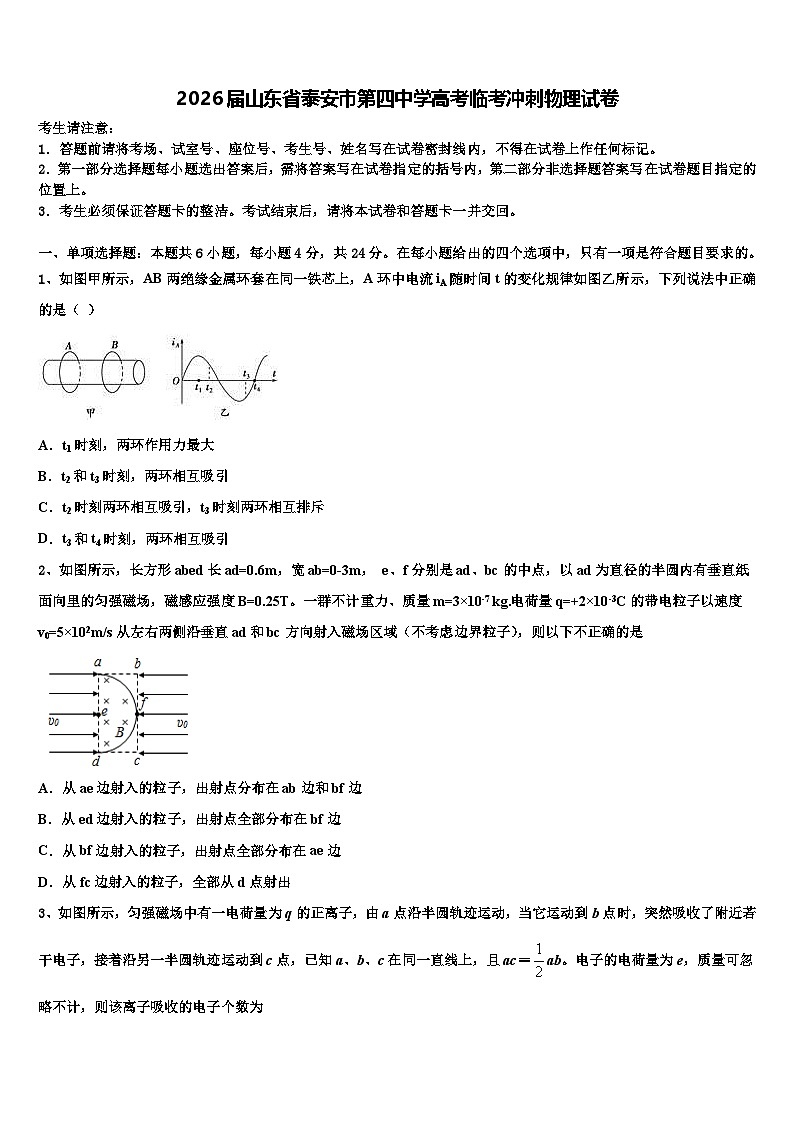 2026届山东省泰安市第四中学高考临考冲刺物理试卷含解析第1页