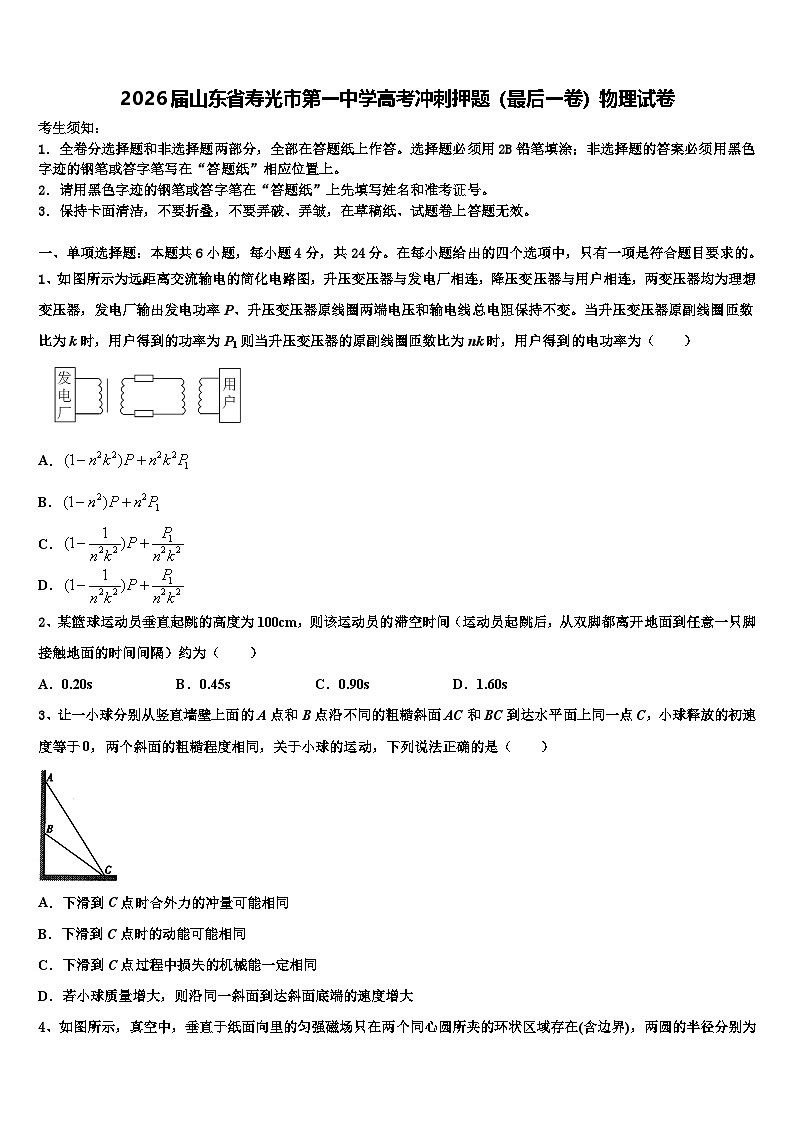 2026届山东省寿光市第一中学高考冲刺押题（最后一卷）物理试卷含解析第1页